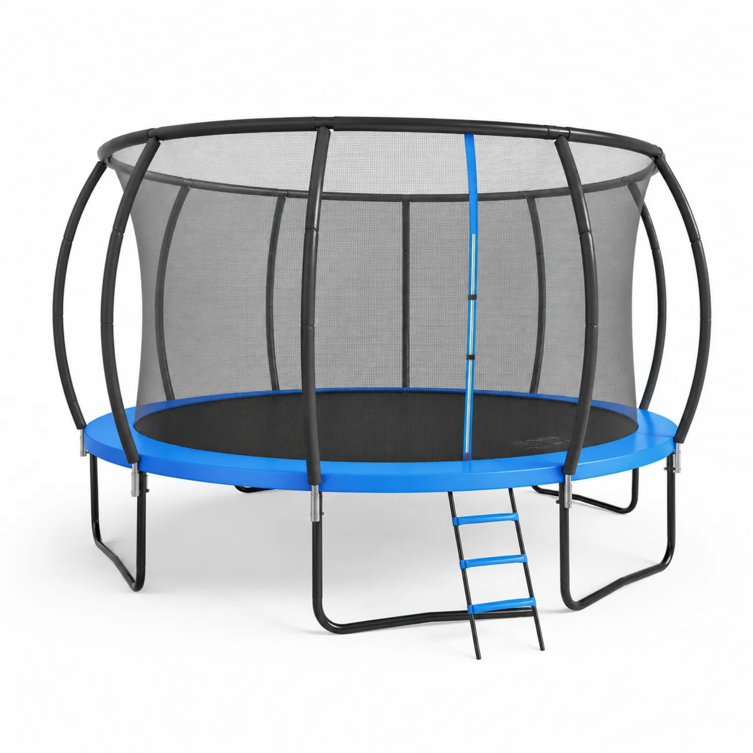 Rundes Trampolin mit Sicherheitsnetz und Leiter, Stahl, Blau/Schwarz