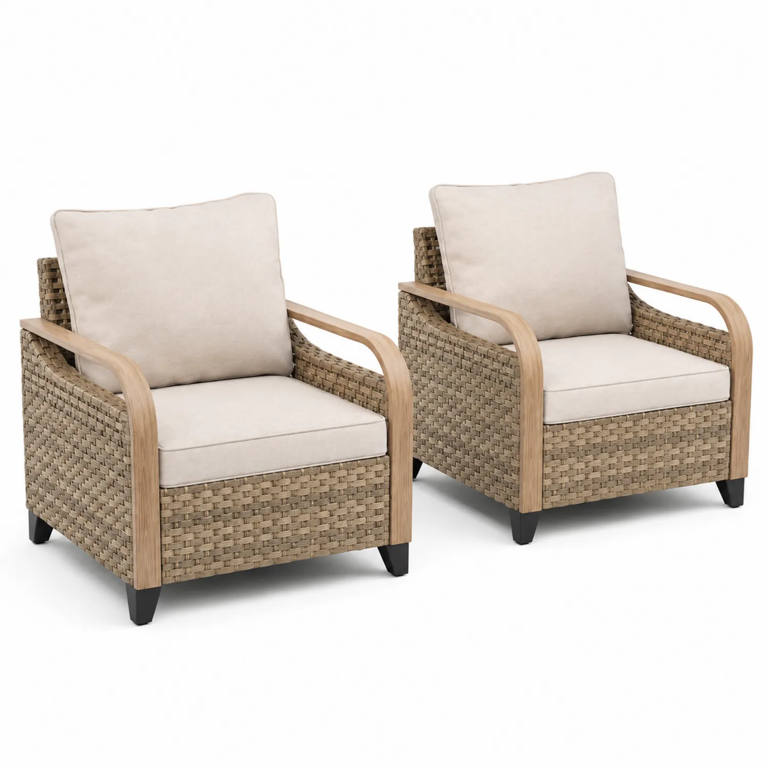 2er Set Rattanstühle mit Holzarmlehnen und Beigen Kissen