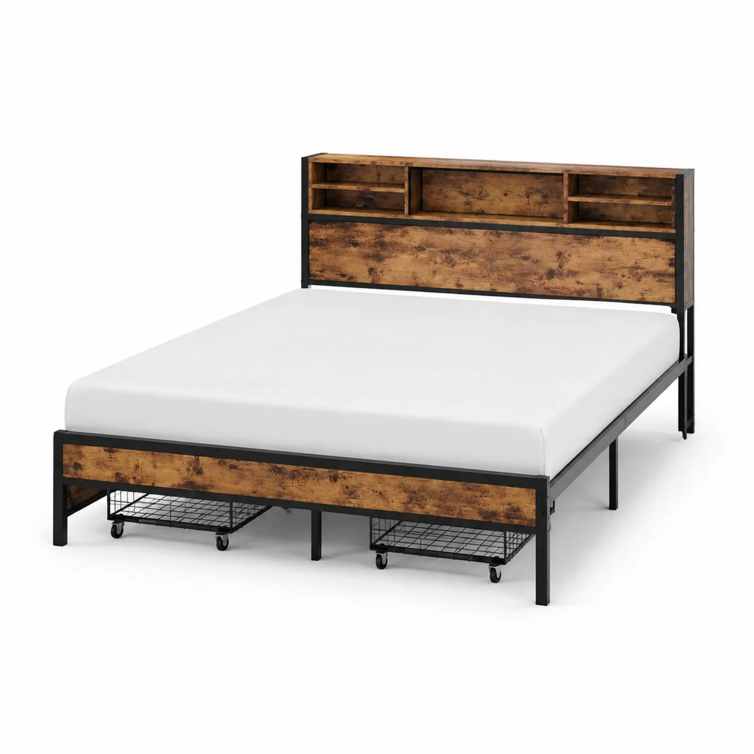 Bett mit Regal und Schubladen 200x140cm Holzoptik/Metall Braun/Schwarz