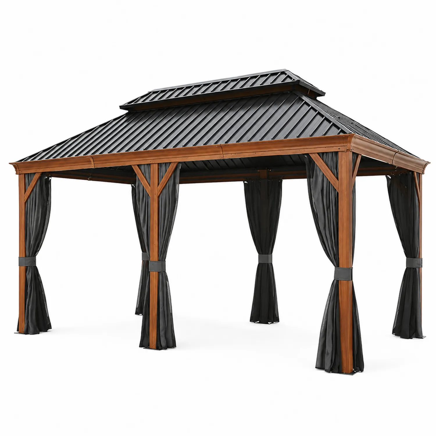 Pavillon aus Metall mit Aluminiumrahmen in Holzoptik und Vorhängen Schwarz