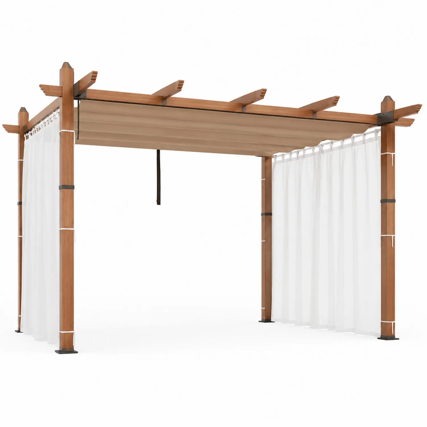 Pergola Holz 300x300 cm mit Vorhängen und PVC Dach Beige