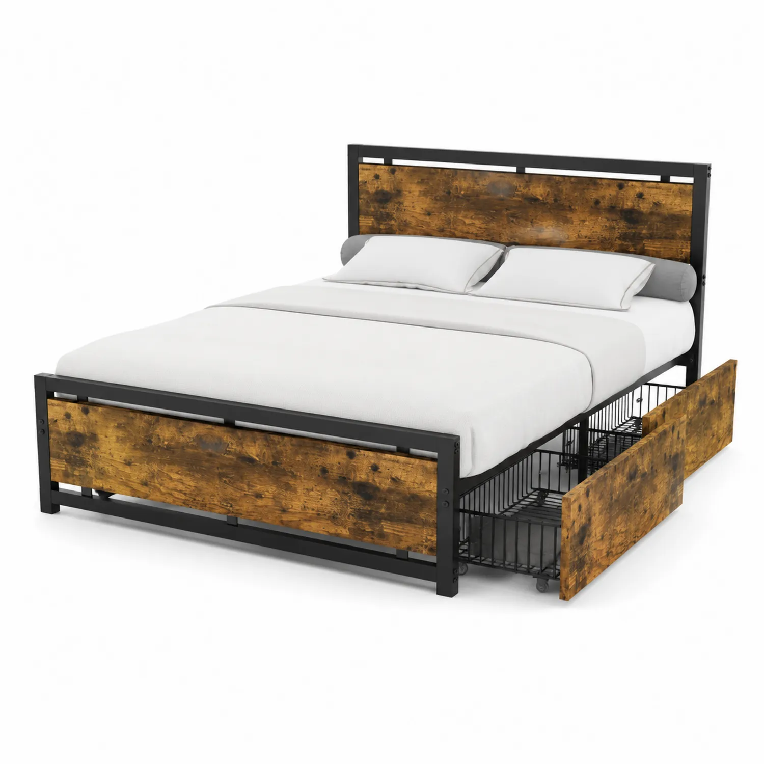 Metallbett mit Holzpaneelen und Stauraum 200x160 cm Braun/Schwarz