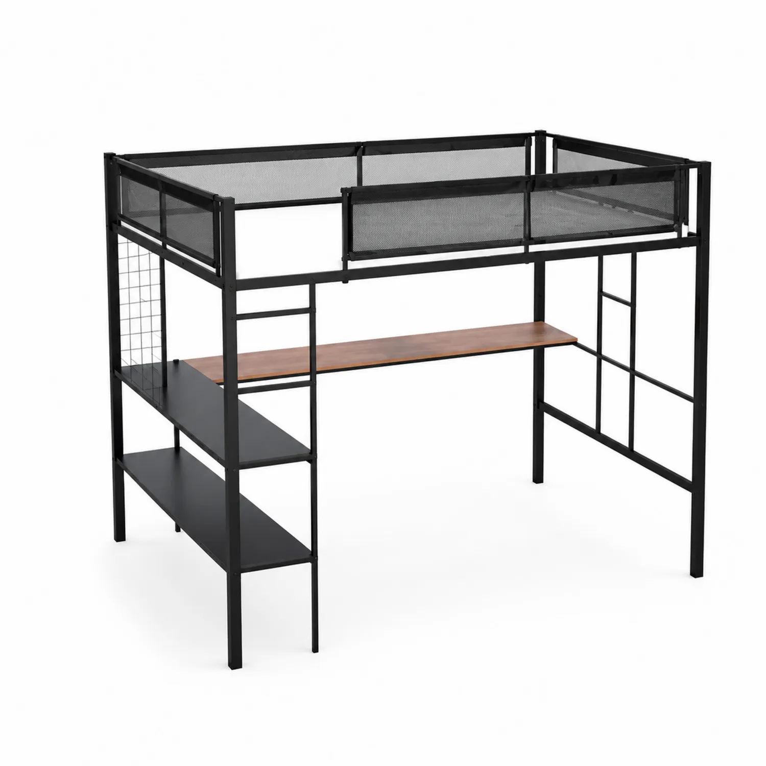 Metall Hochbett mit Schreibtisch und Regal Schwarz 200x90 cm