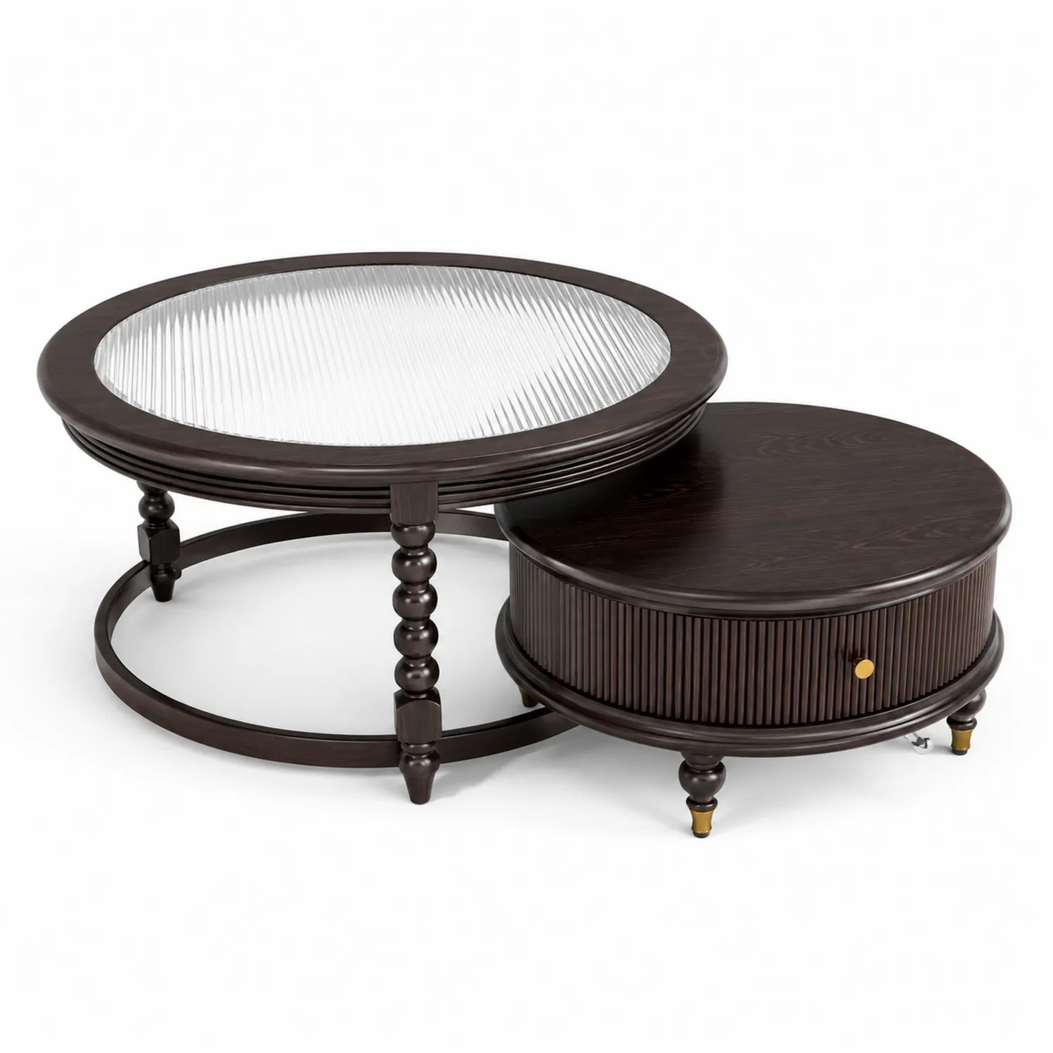 Rundes Couchtisch-Set aus Glas und Holz in Dunkelbraun