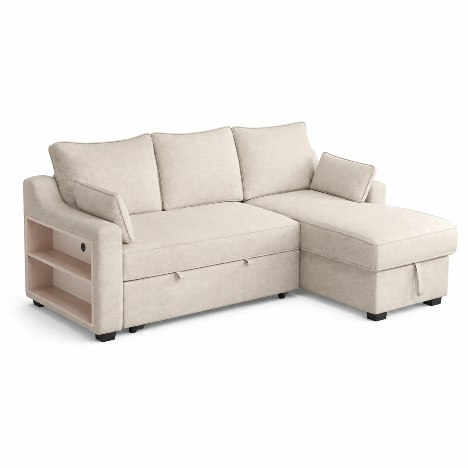 Ecksofa mit Bettfunktion und Regalfach Stoff Beige