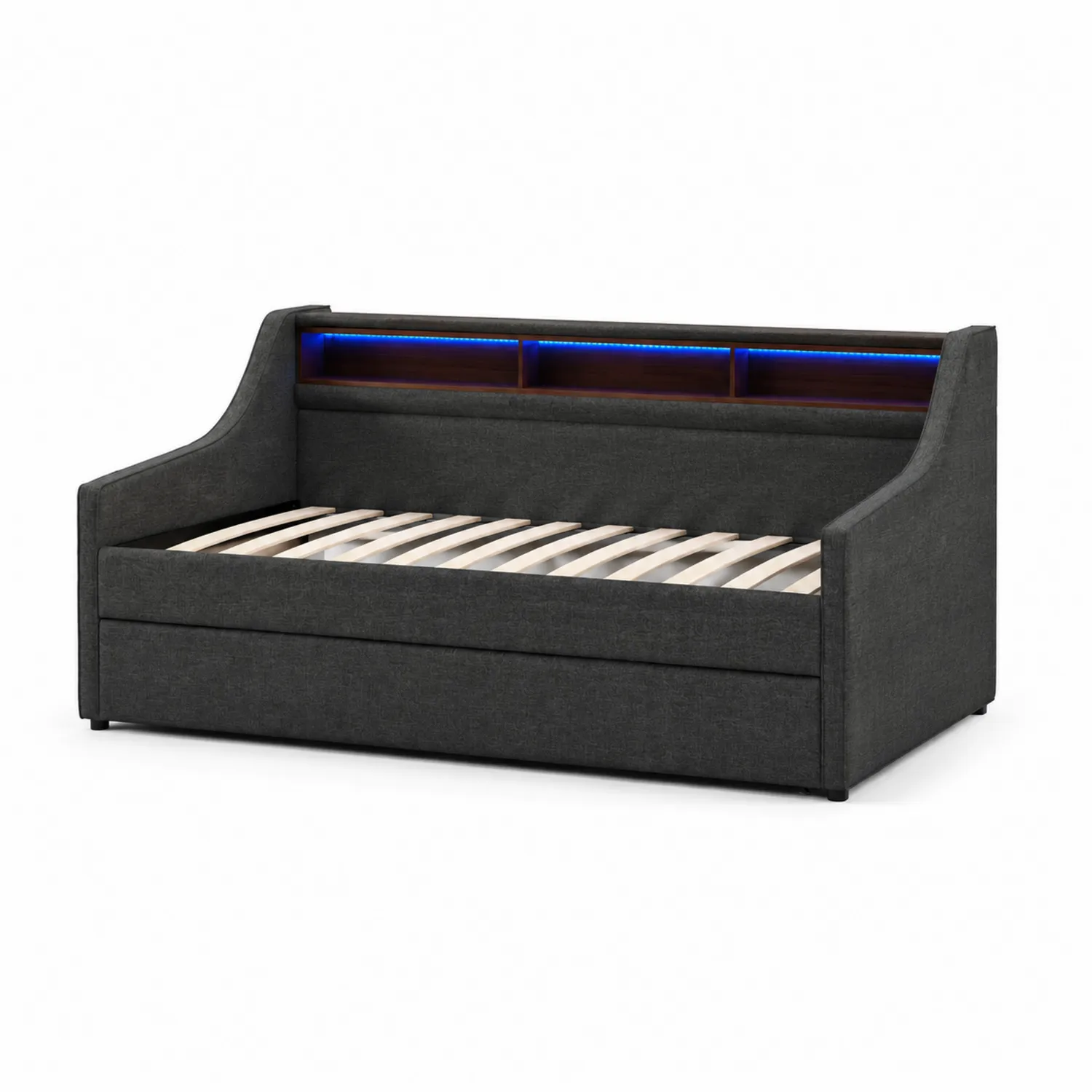 Tagesbett mit LED-Beleuchtung, Holz und Polyester, Dunkelgrau