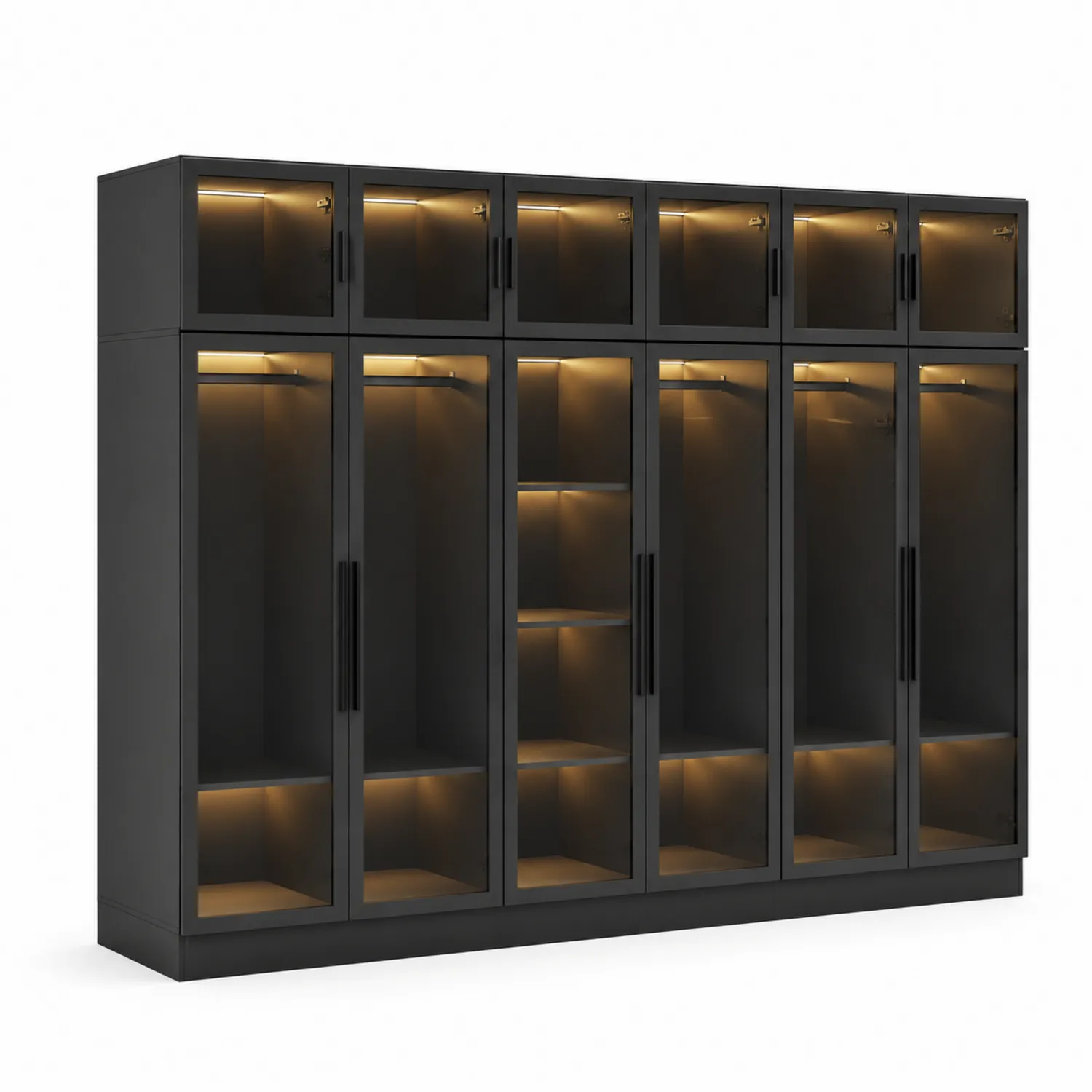 Garderobenschrank mit Glasfronten aus Metall und LED, Schwarz
