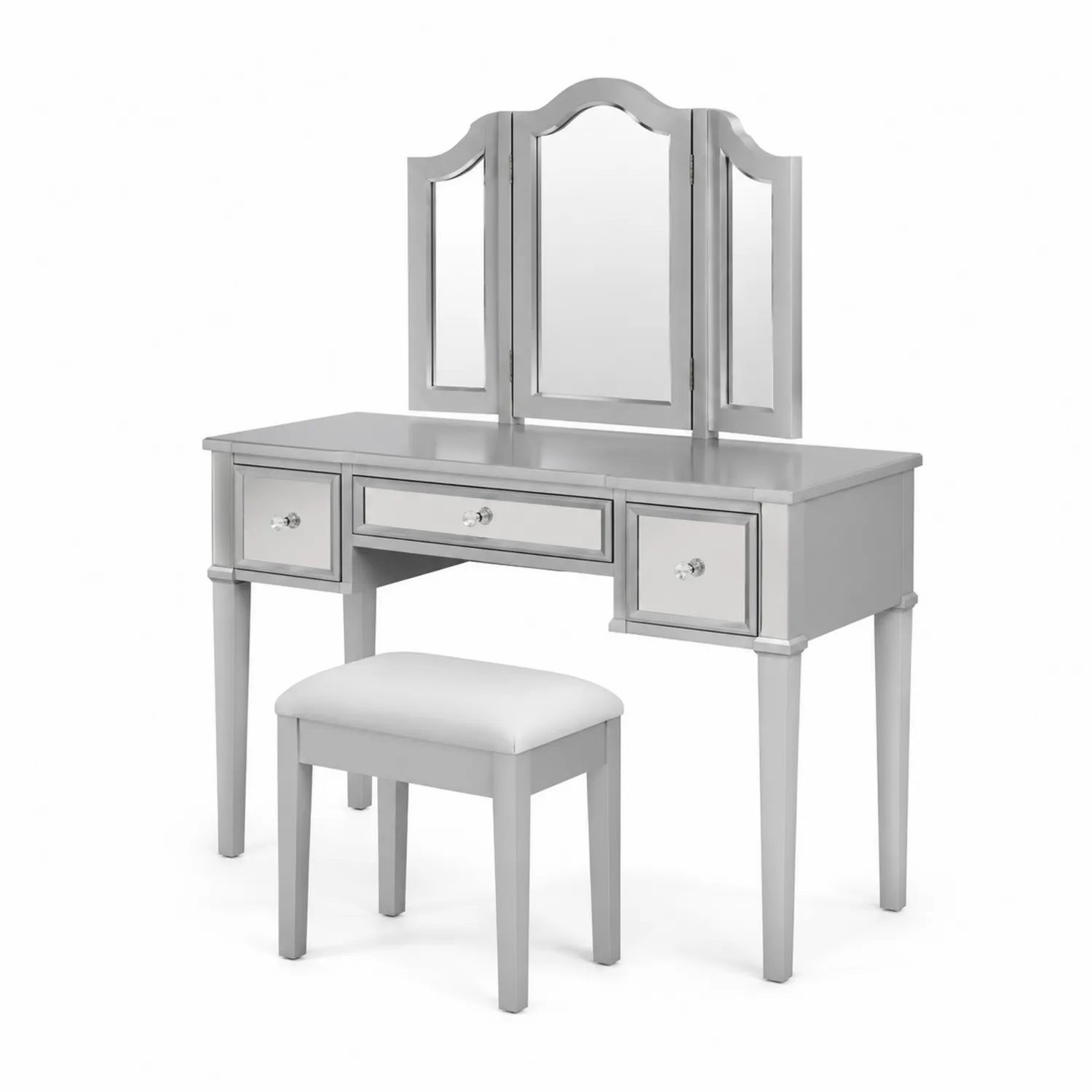 Silberne Schminktischgarnitur aus Holz mit Spiegeln und Hocker
