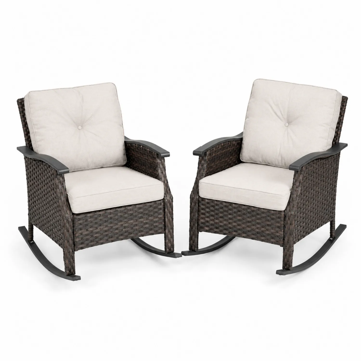 2er-Set Rattan-Schaukelstühle mit Kissen Polyethylen Braun/Beige
