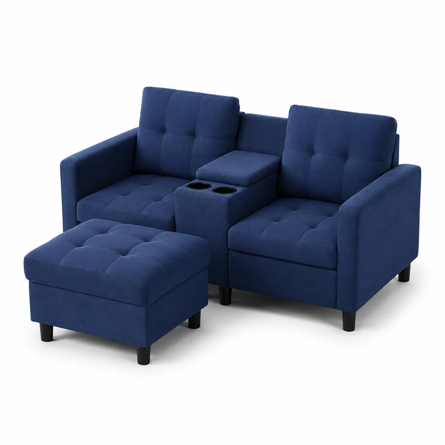 Blaues Zweisitzer-Sofa Set mit Hocker und Mittelkonsole