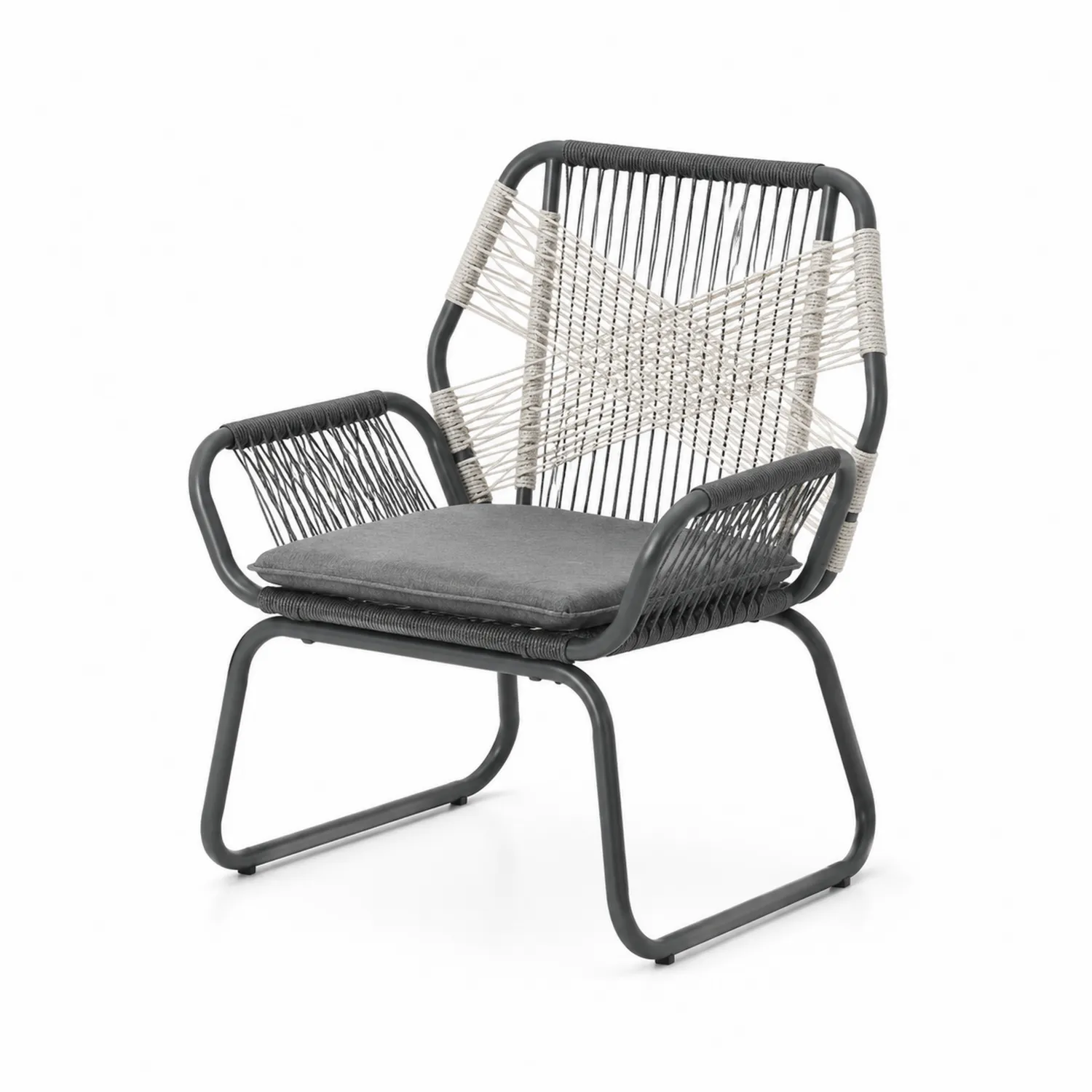 Gartenstuhl mit Metallrahmen und Seilgeflecht, Schwarz/Beige