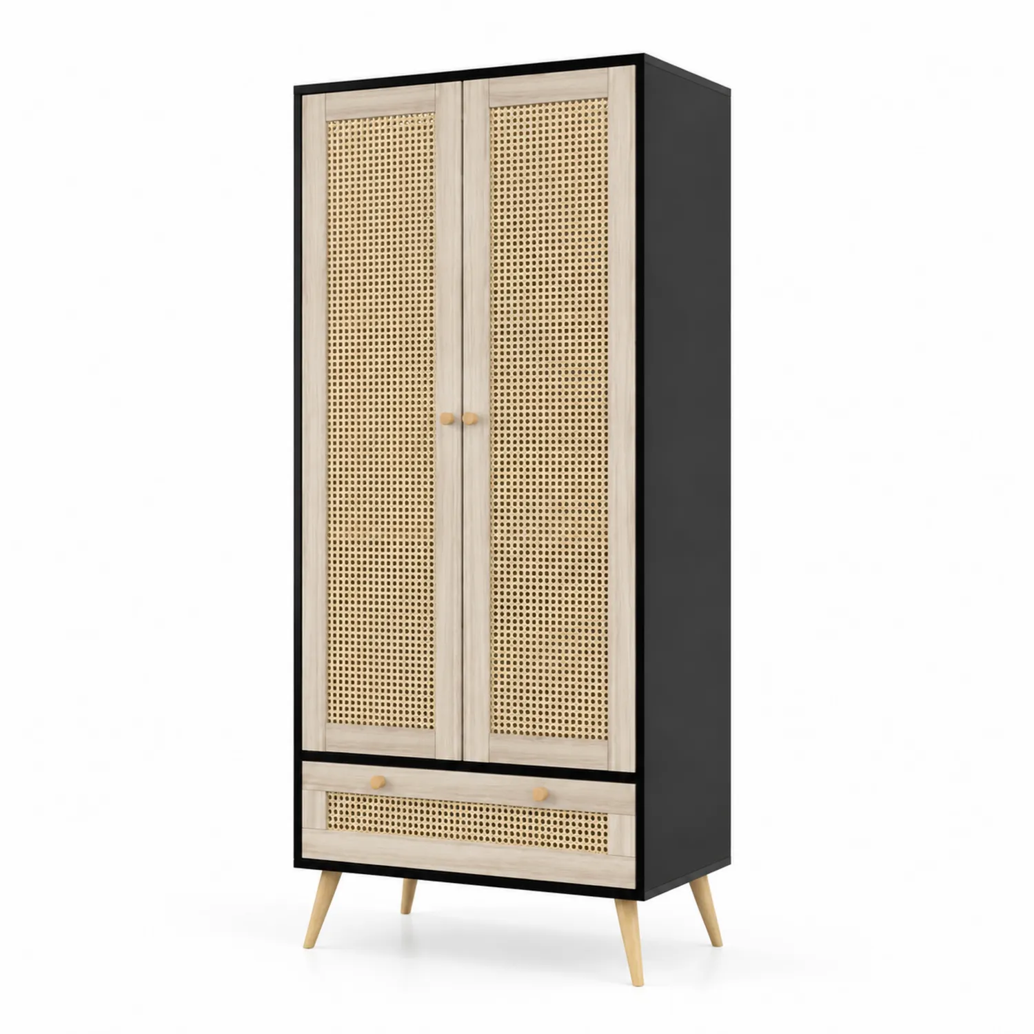 Kleiderschrank mit 2 Türen und 1 Schublade aus Holz und Rattan Schwarz und Natur 180x80x50 cm