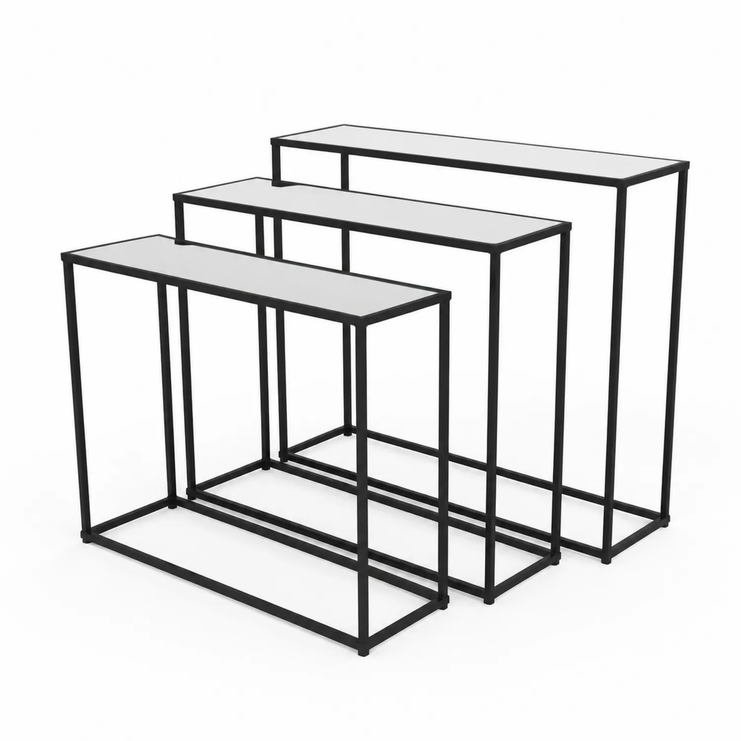 3er Set Beistelltische aus Stahl und gehärtetem Glas, Schwarz