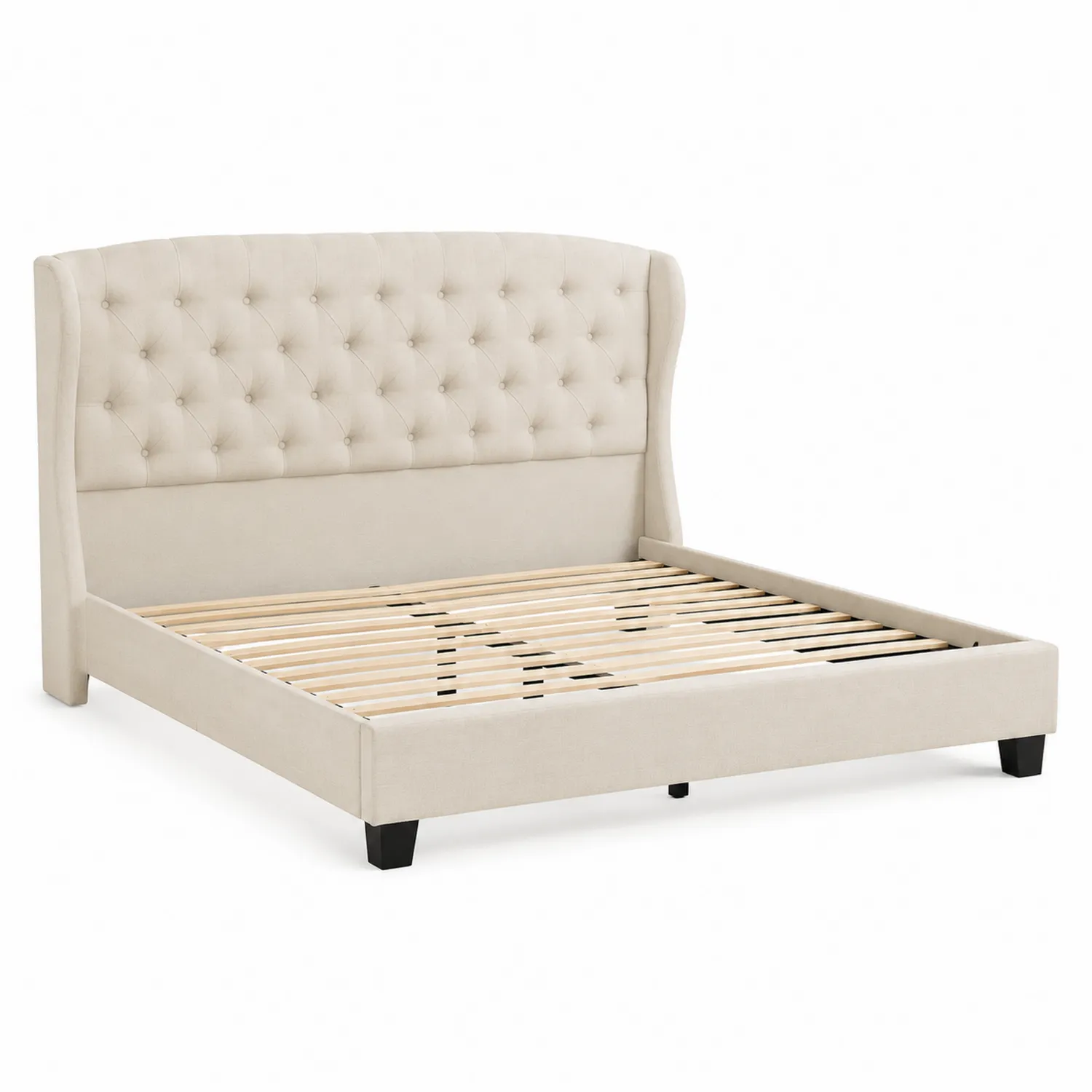 Cama de panel tapizada beige con estructura de madera y tela