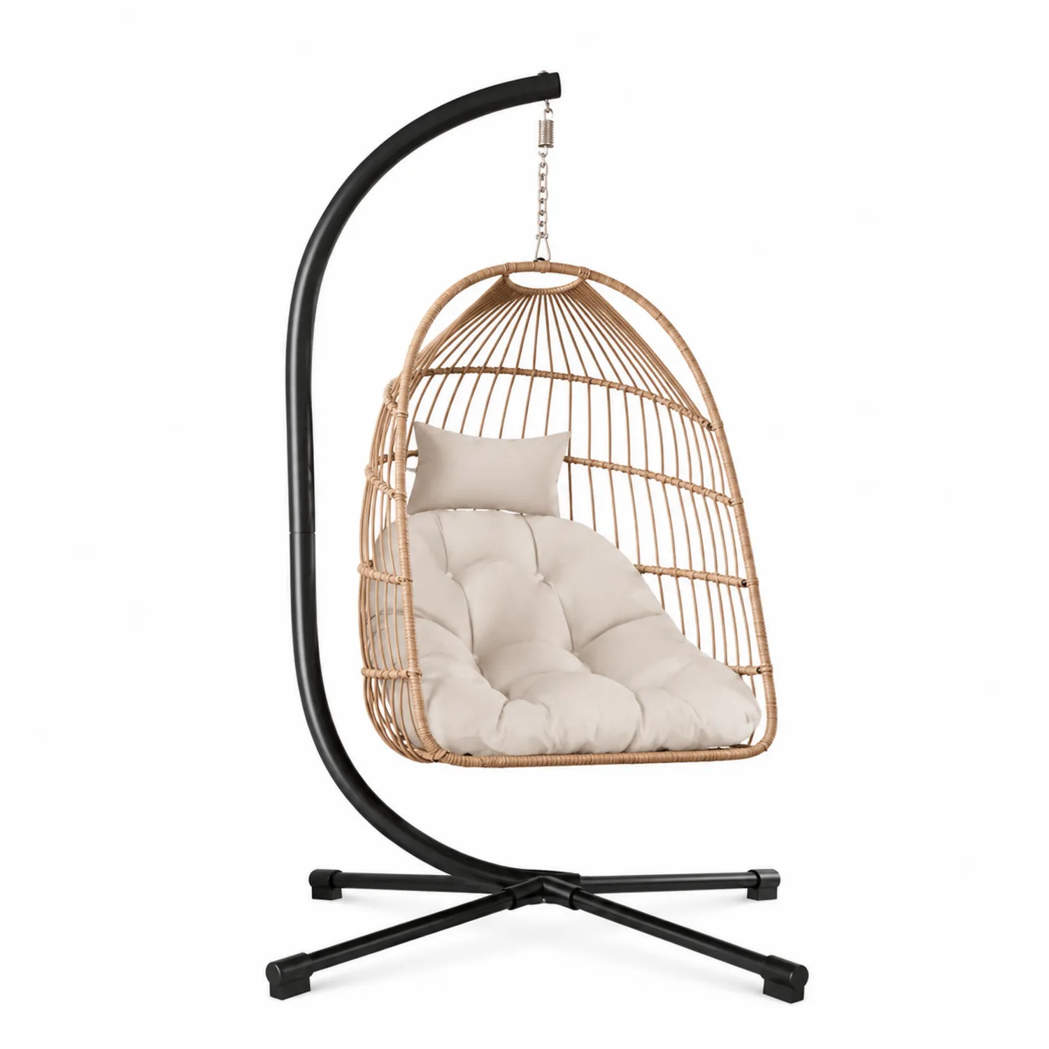 Silla Colgante de Ratán con Base Metálica Negra y Cojín Crema