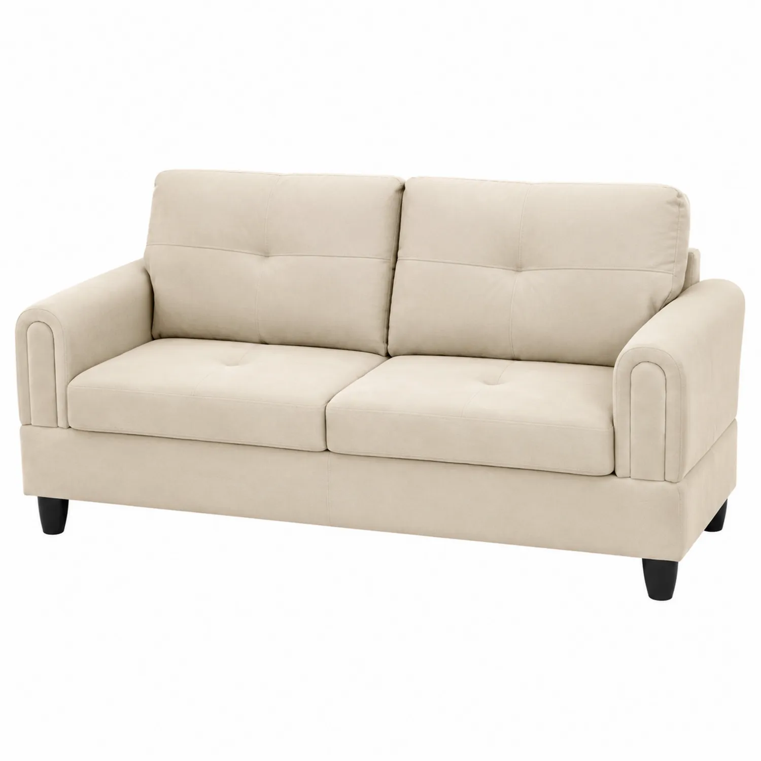 Sofá de 3 plazas beige con tapizado de microfibra y patas de madera