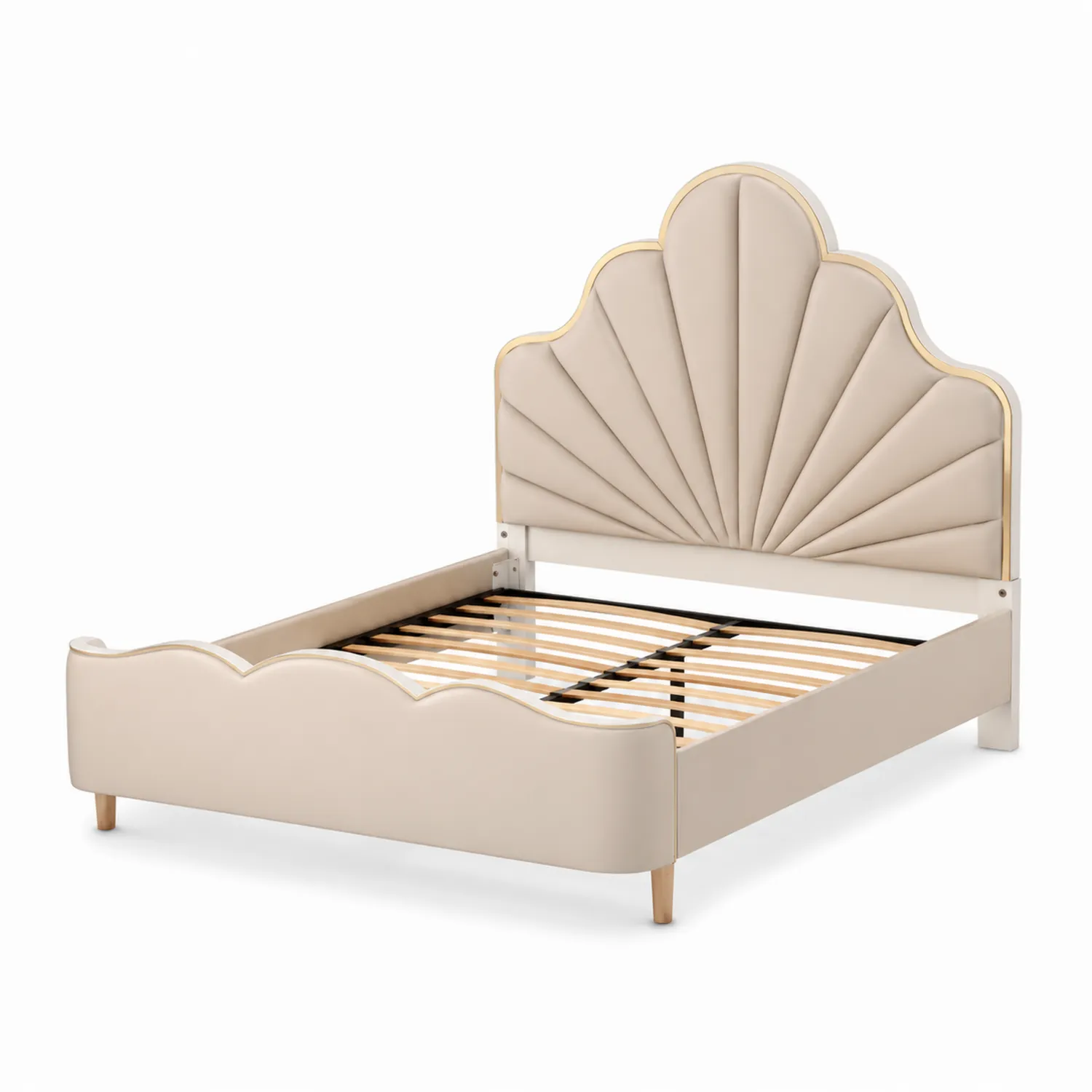 Cama tapizada en piel sintética beige con cabecera de concha 200x150 cm