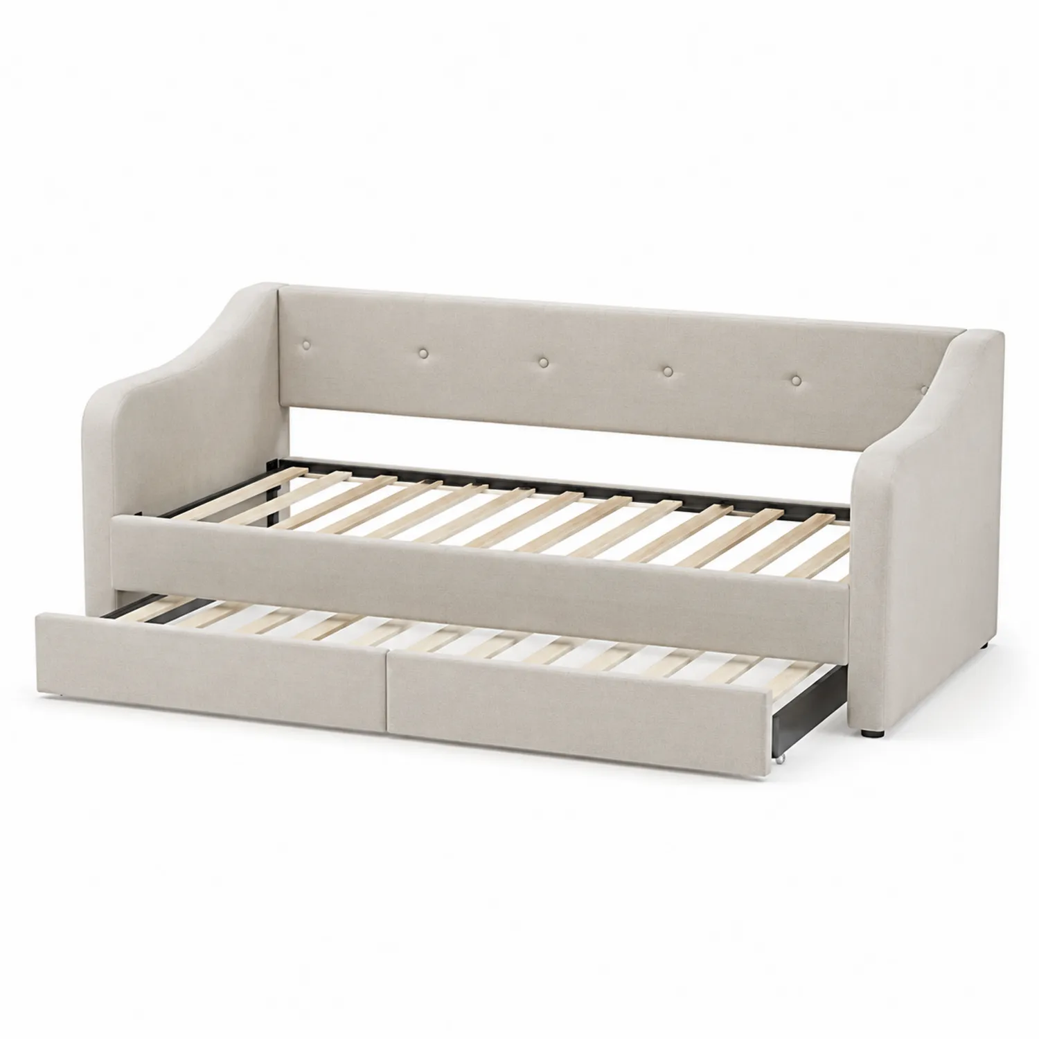Diván cama tapizado en tela Beige con estructura de madera de pino