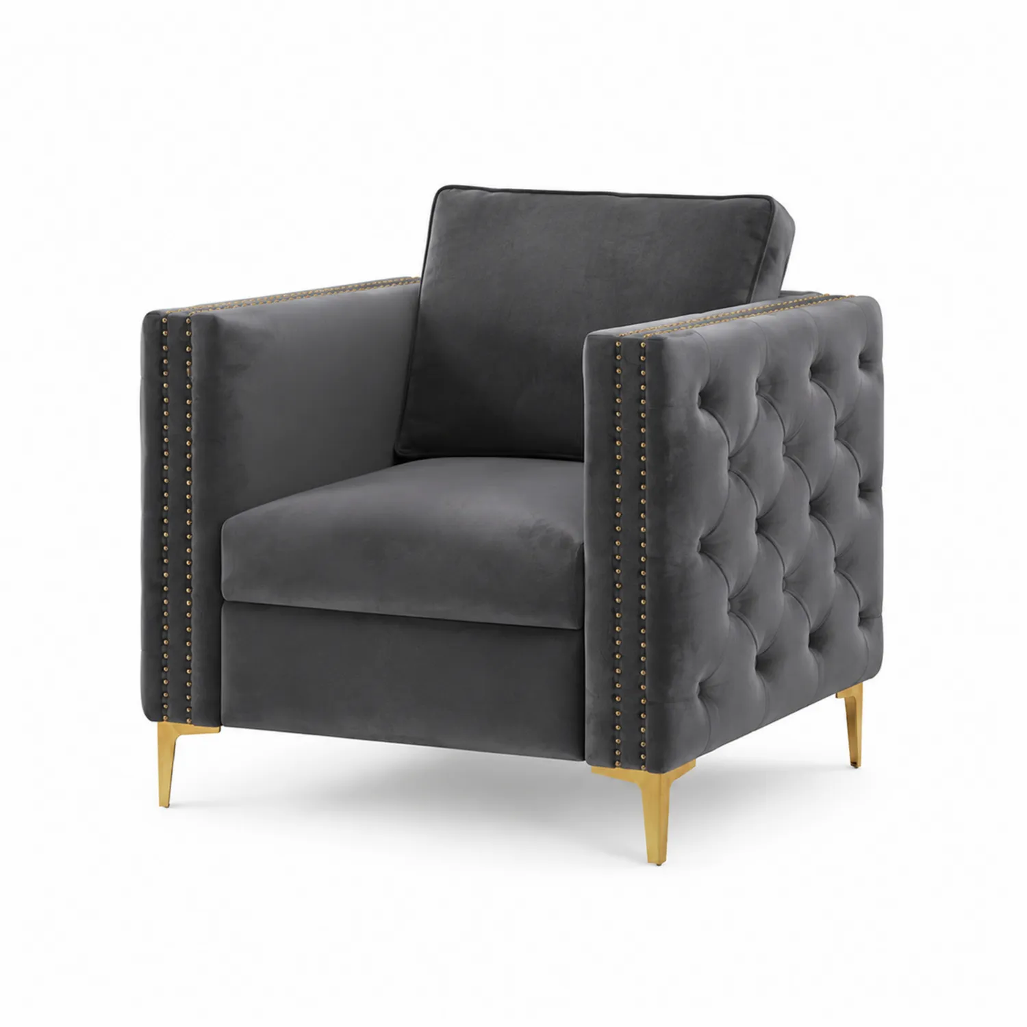 Sillón de Terciopelo Gris con Tachuelas y Patas Doradas