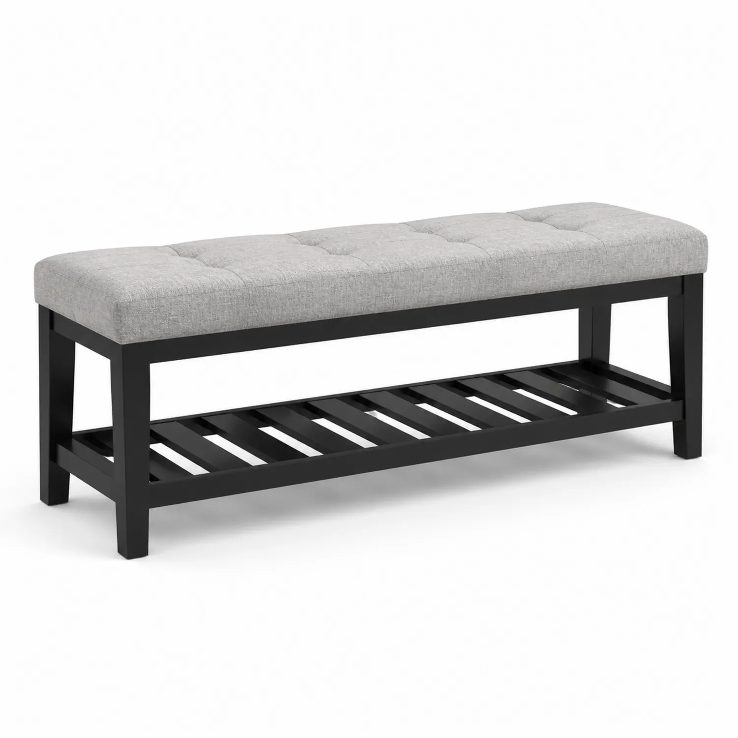 Banco de Madera Negra con Asiento Tapizado Gris