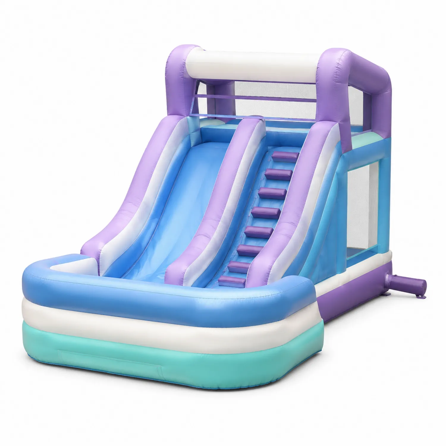 Castillo hinchable doble tobogán PVC lila, azul, blanco y verde