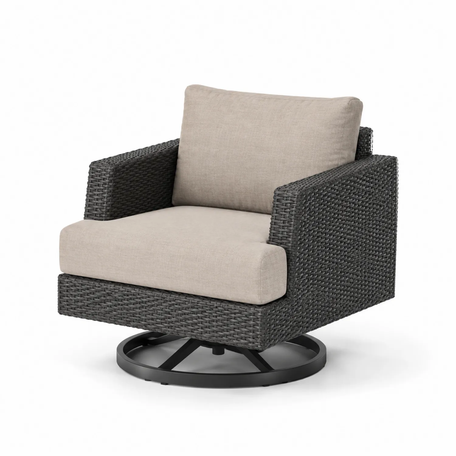 Sillón Giratorio de Ratán Sintético Gris con Cojines Beige