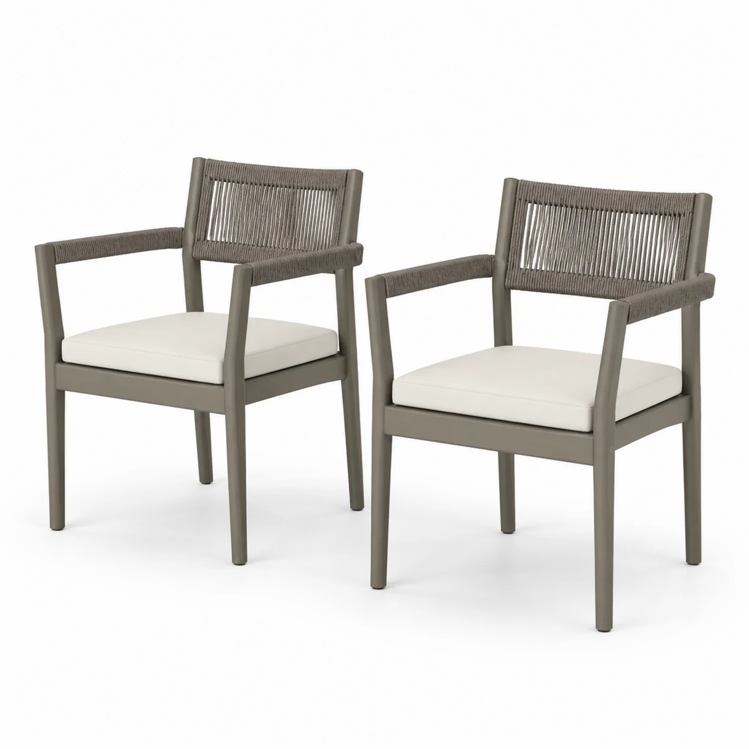 Conjunto de 2 sillas de comedor con estructura de aluminio, respaldo de cuerda, cojines beige