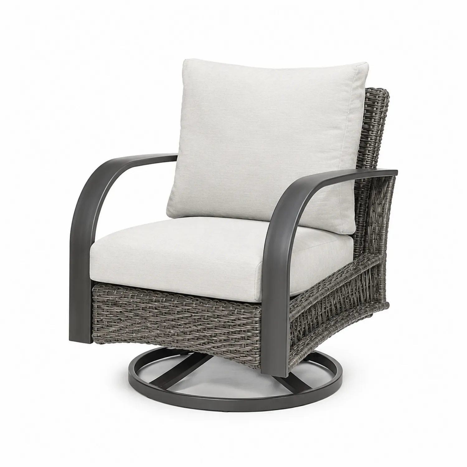 Sillón giratorio de mimbre sintético con cojines de poliéster y estructura de aluminio