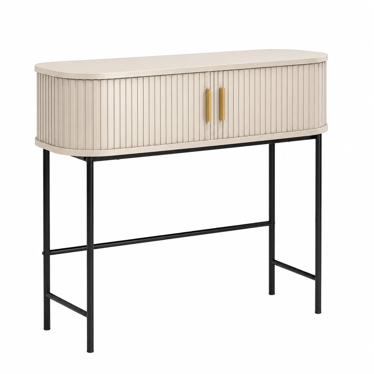 Consola Moderna Ovalada con Puertas Ranuradas y Patas Metalicas-SelviaFurniture