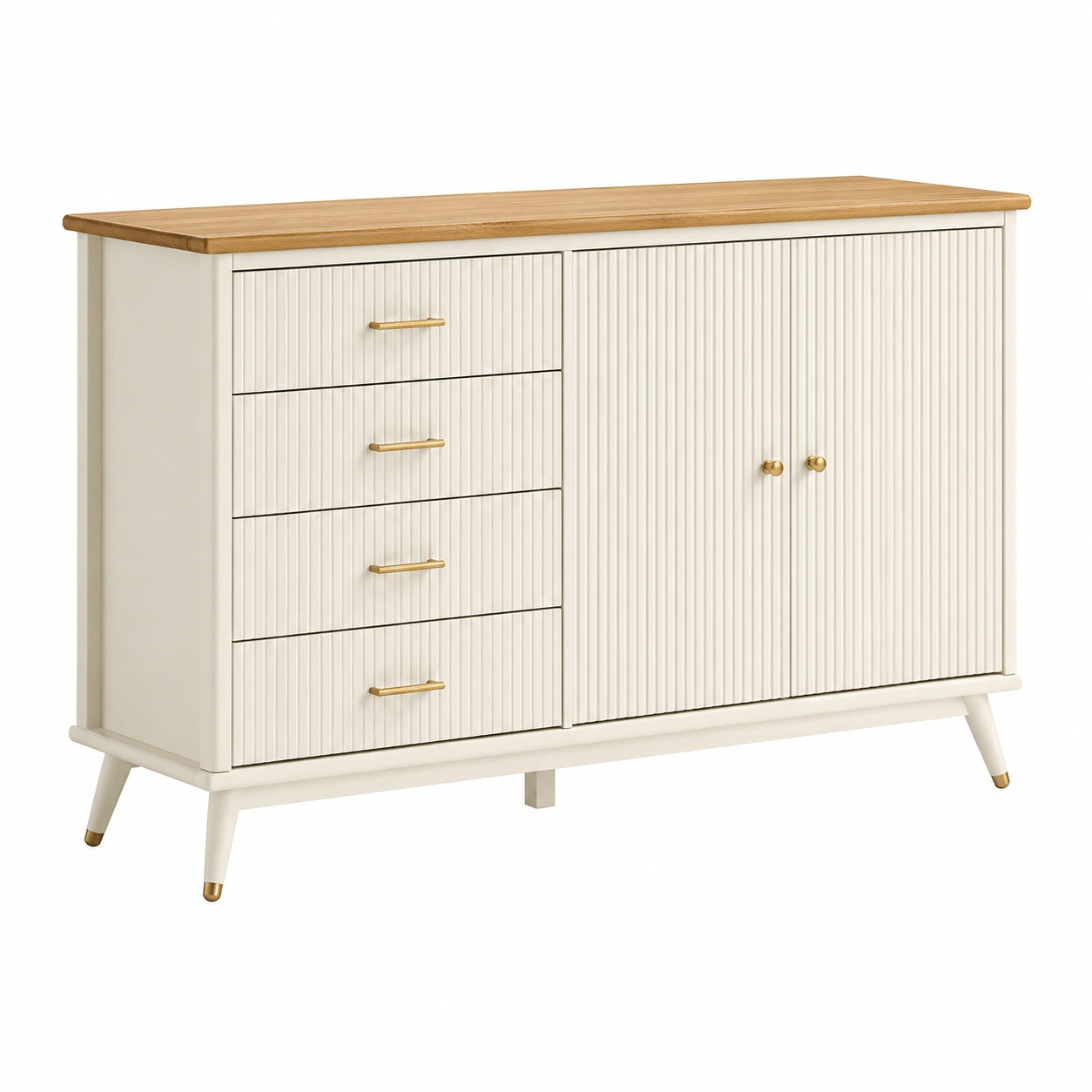 Aparador moderno con 4 cajones y puertas acanaladas en color crema-SelviaFurniture