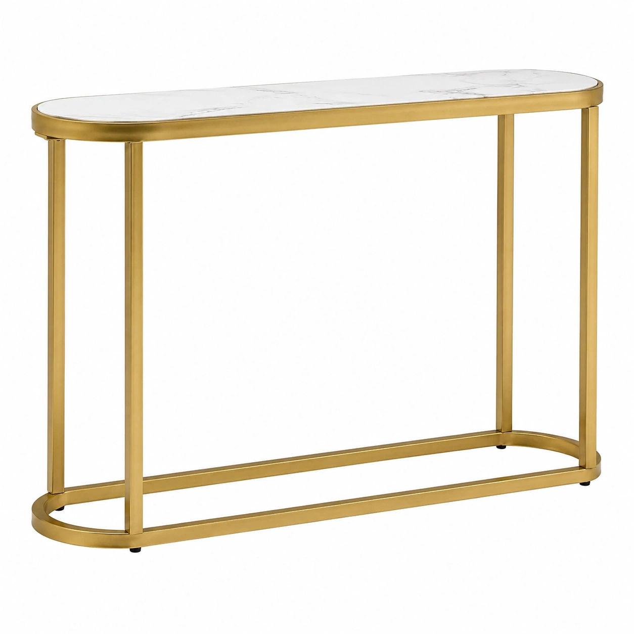 Mesa Consola Moderna Ovalada con Estructura Dorada y Tablero Marmol Blanco-SelviaFurniture
