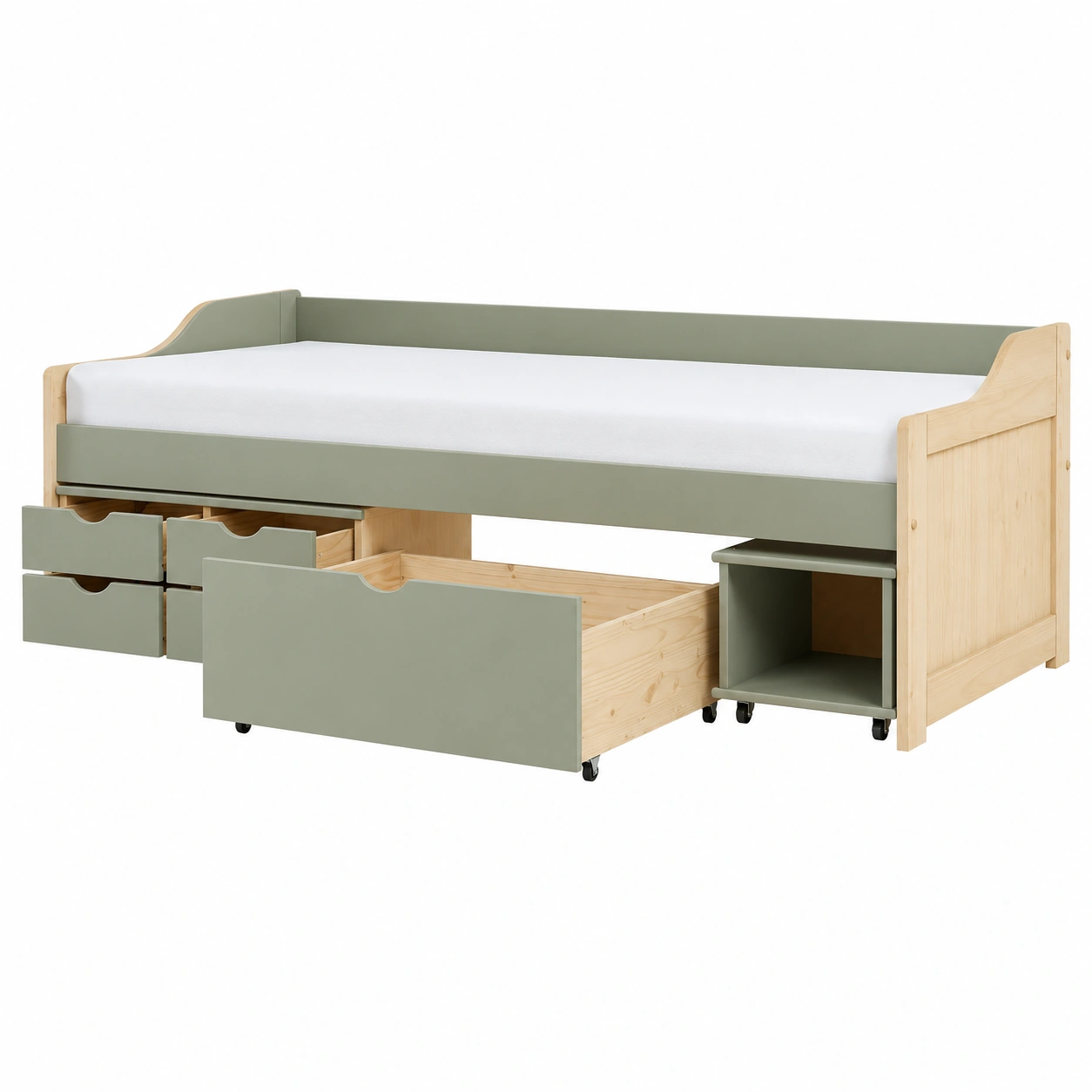 Cama infantil con cajones y estanteria lateral verde salvia madera natural-SelviaFurniture