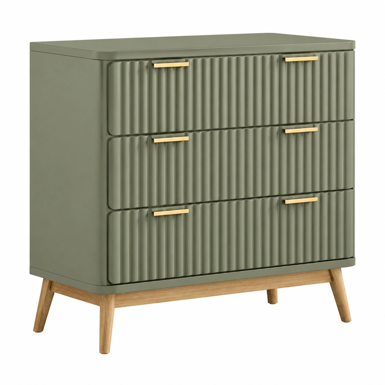 Comoda Moderna de 3 Cajones Acanalados con Patas de Madera Estilo Nordico Verde Oliva-SelviaFurniture