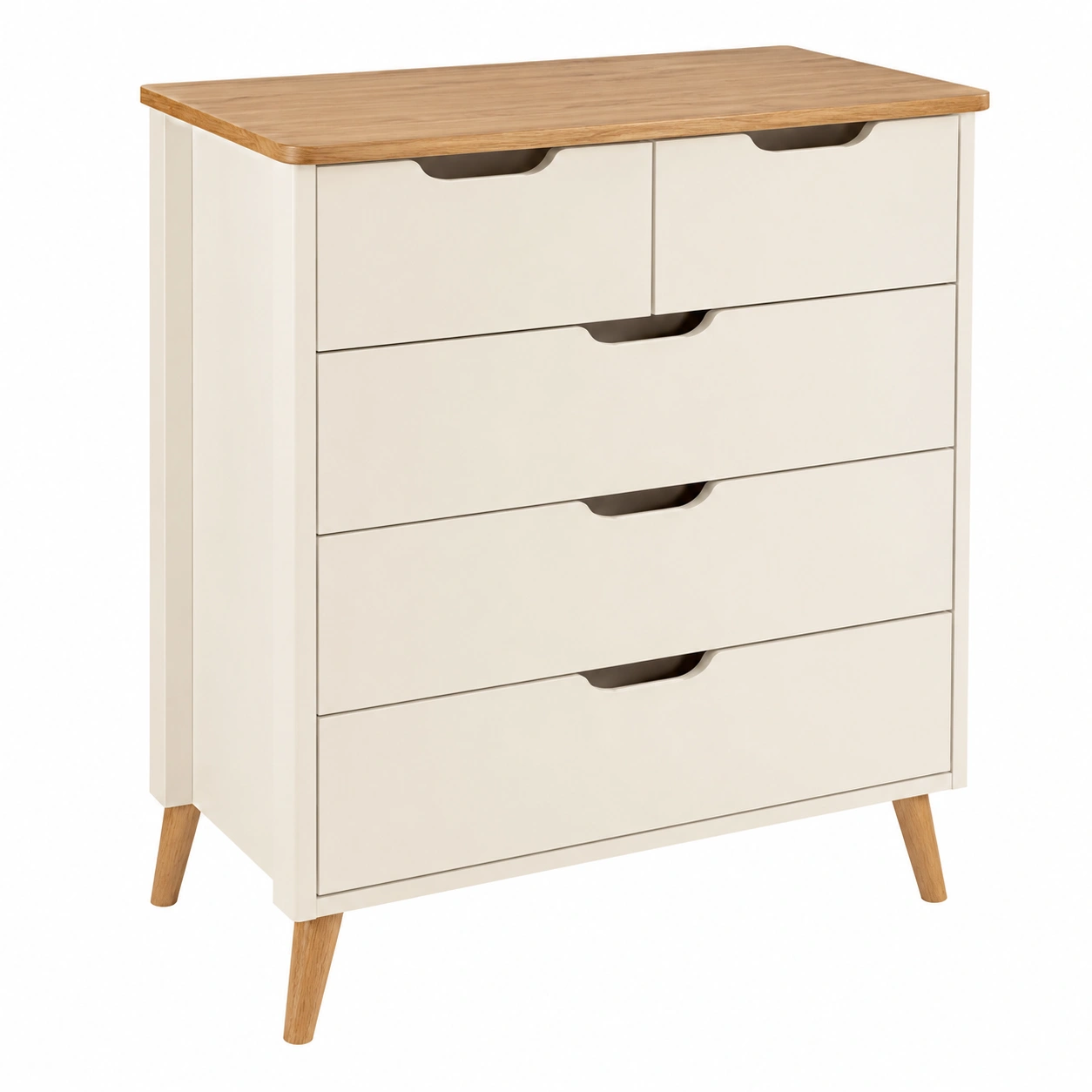 Comoda moderna nordica de 5 cajones con acabado crema y tablero efecto madera-SelviaFurniture