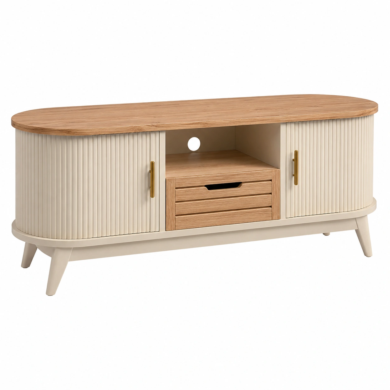 Mueble TV Nordic Ovalado con Puertas Ranuradas y Cajon Central-SelviaFurniture
