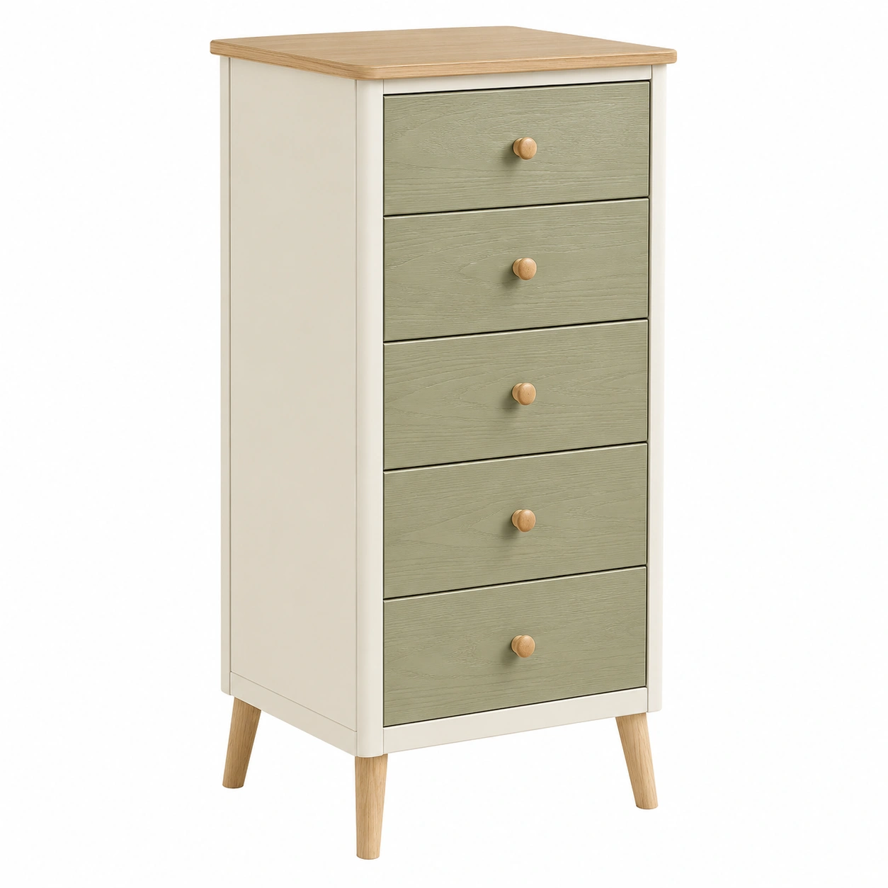 Comoda Alta Nordica Verde Salvia con 5 Cajones y Patas de Madera-SelviaFurniture