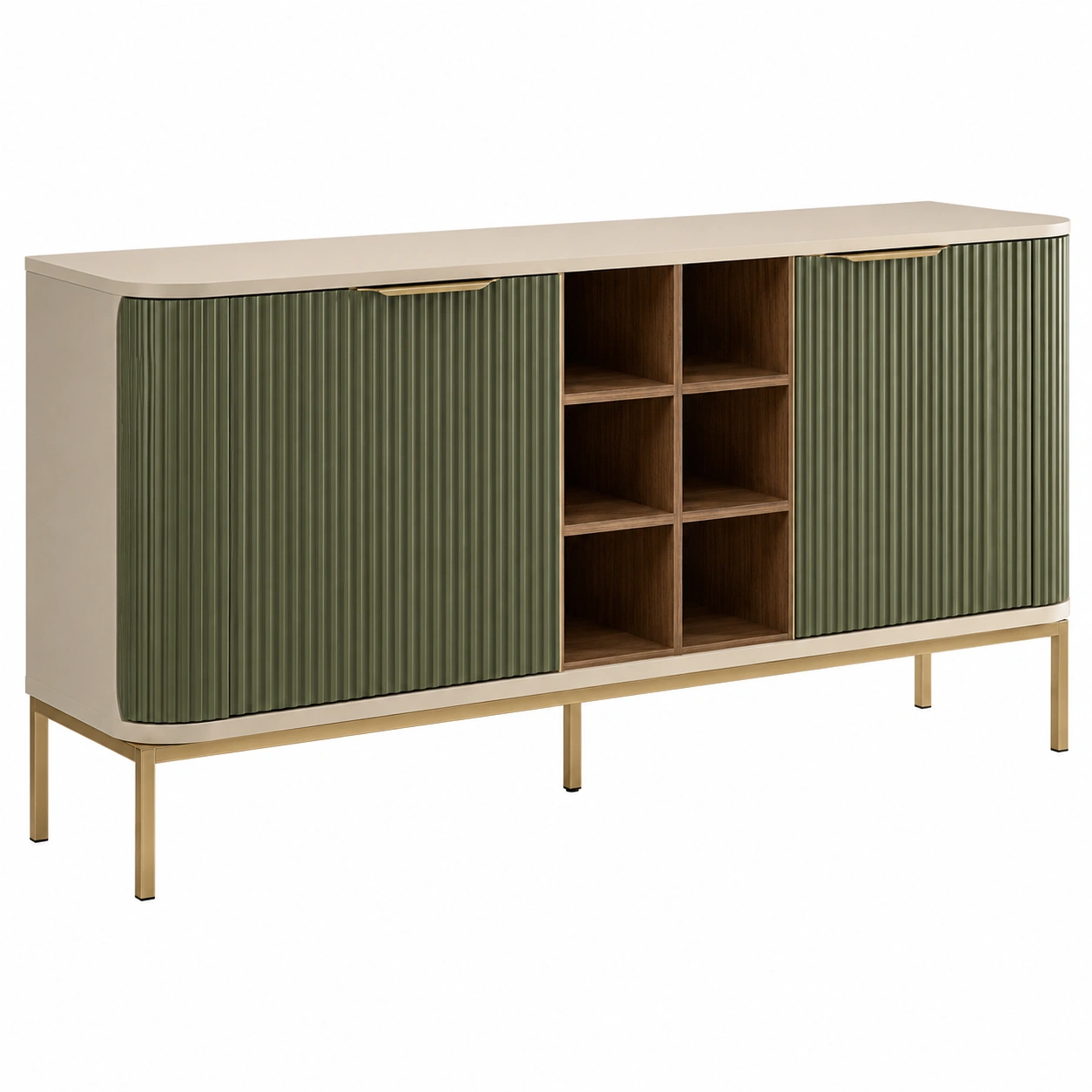 Aparador Moderno Verde Oliva con Puertas Acanaladas y Estantes Centrales-SelviaFurniture