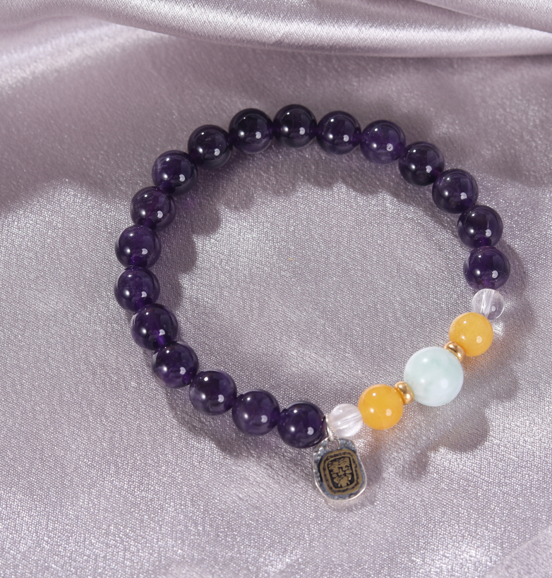 Blesston Personalized Tibetan Blessed Amethyst Wisdom Bracelet – Handmade with Natural Amethyst, Beeswax, Larimar & Clear Quartz