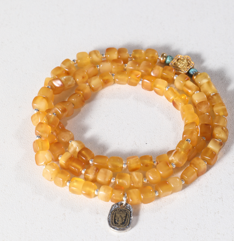 Blesston Personalized Tibetan Blessed Amber Beeswax Bracelet – Handmade with Natural Beeswax, Turquoise & Tibetan Wealth Symbols