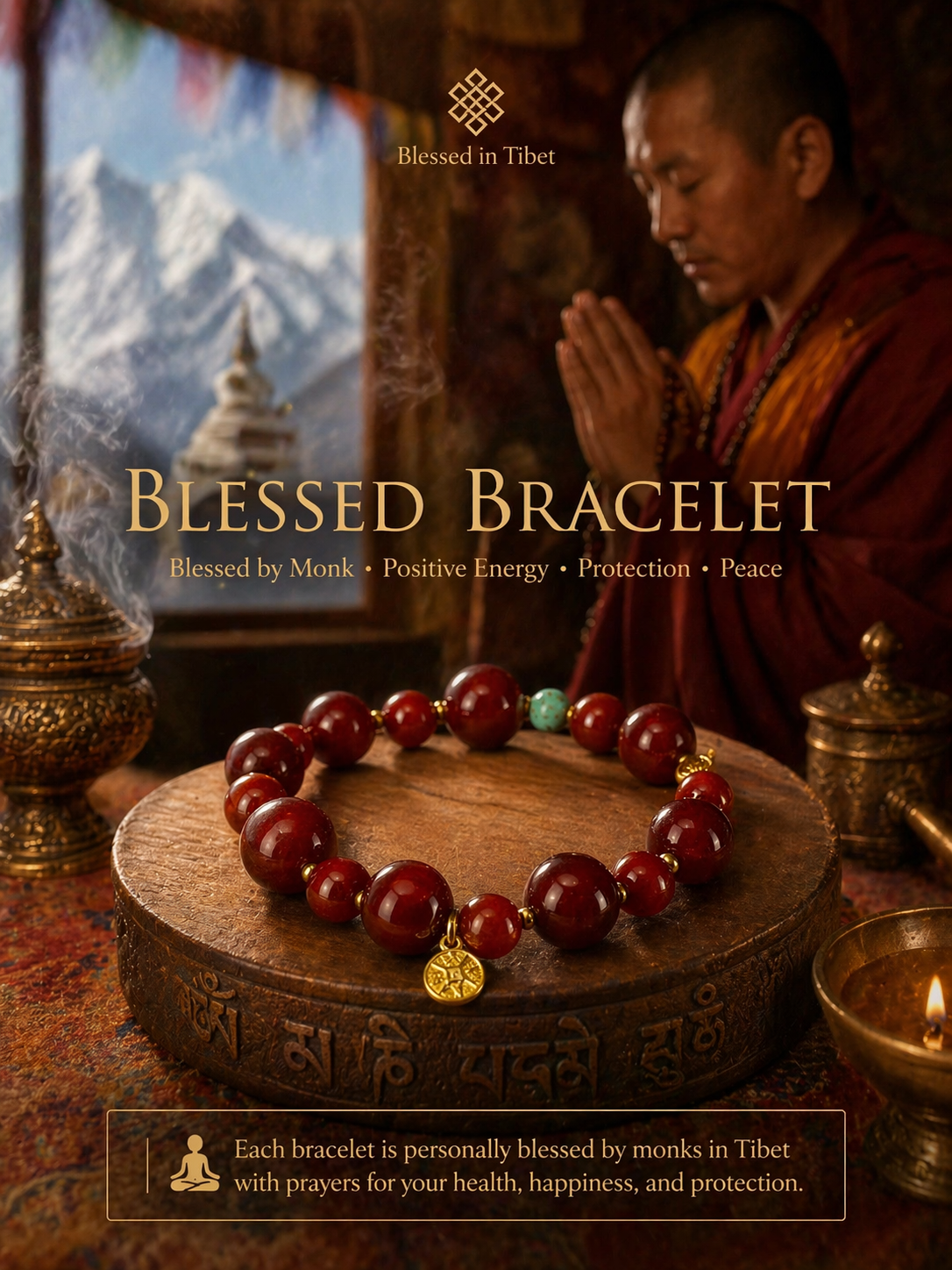 Blesston Personalized Tibetan Blessed Red Agate Bracelet – Handmade with Natural Agate, Turquoise & Gold-Plated Silver