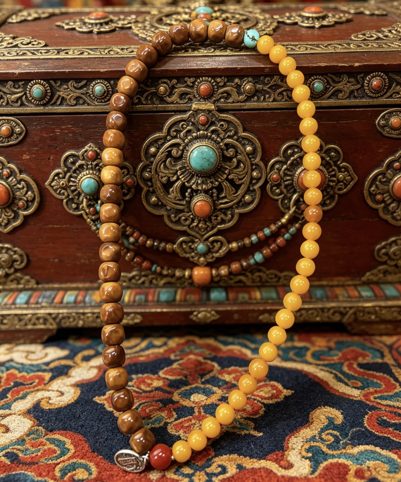Blesston Personalized Tibetan Blessed Amber & Kukui Nut Bracelet – Handmade with Amber, Agate, Turquoise & Tibetan Prayer Symbolism