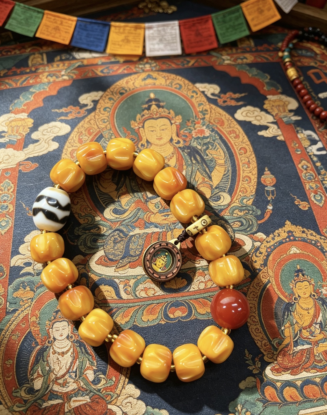 Blesston Personalized Tibetan Blessed Dzi Bead Bracelet – Handmade with Tiger-Tooth Daluo Dzi, Southern Red Agate, Ox Bone & Hand-Painted Thangka