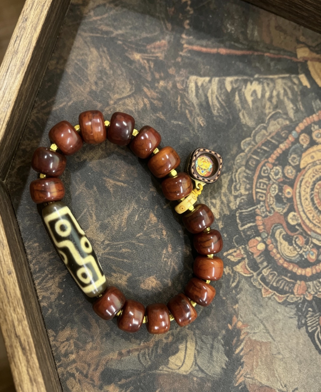 Blesston Personalized Tibetan Blessed Nine-Eye Dzi Bracelet – Handmade with Sacred Nine-Eye Dzi, Ox Bone & Hand-Painted Thangka