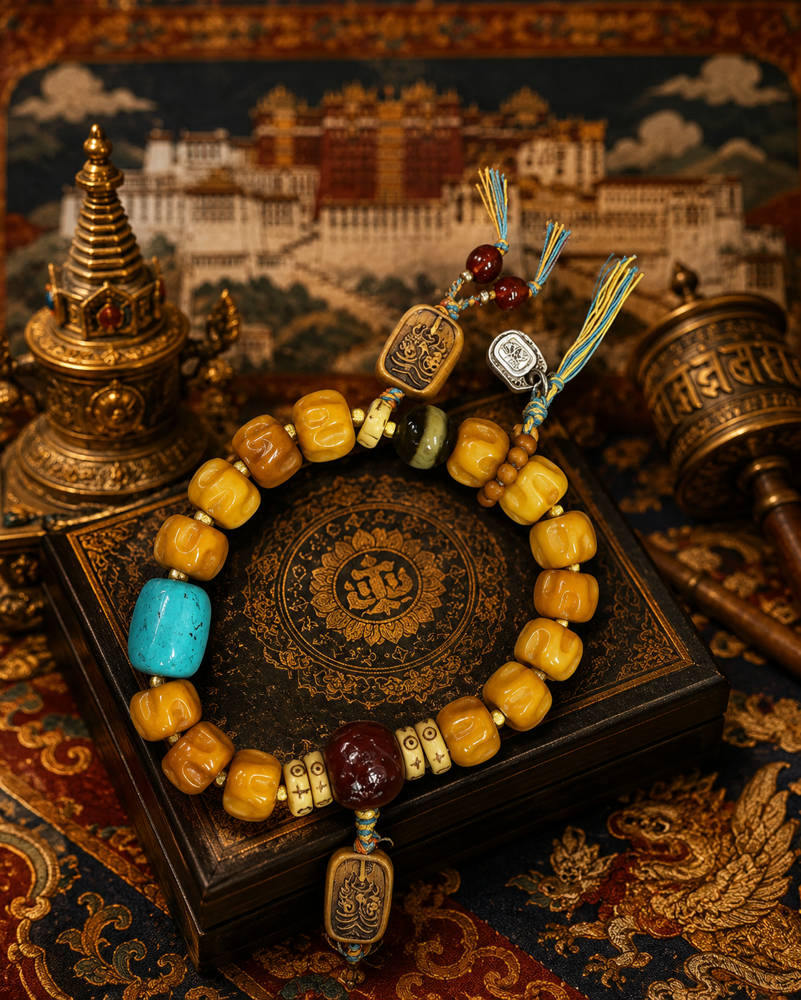 Blesston Personalized Tibetan Blessed Ox Bone & Agate Wealth Bracelet – Handmade with Dzi Bead, Agate & Zaki Ram Symbols