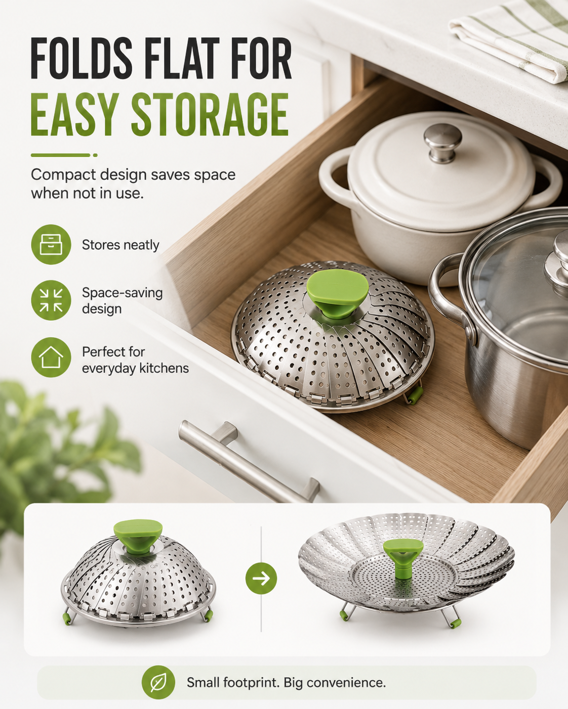 Last Day Sale — Up to 70% OFF | Expandable Stainless Steel Steamer Basket | Foldable Pot Insert