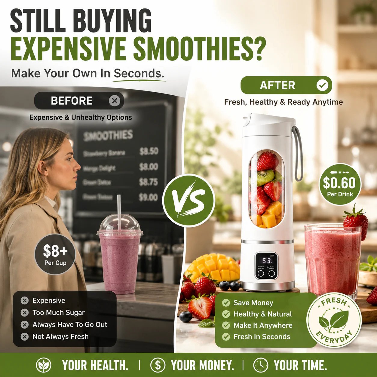 Homemade smoothie compared with store-bought drinks