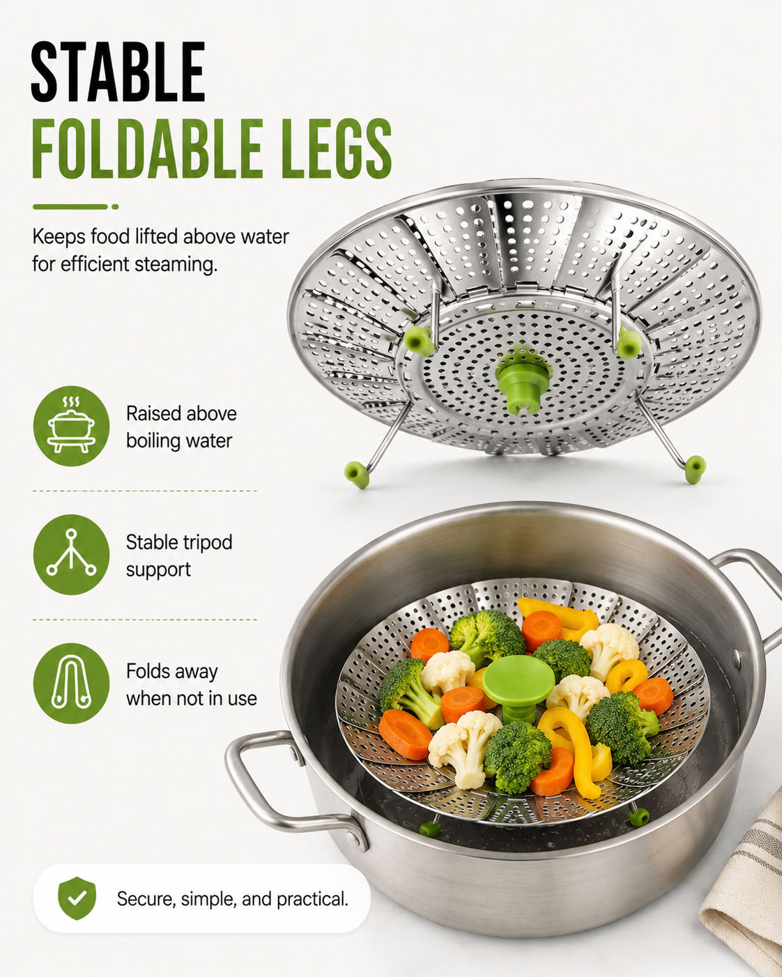 Last Day Sale — Up to 70% OFF | Expandable Stainless Steel Steamer Basket | Foldable Pot Insert