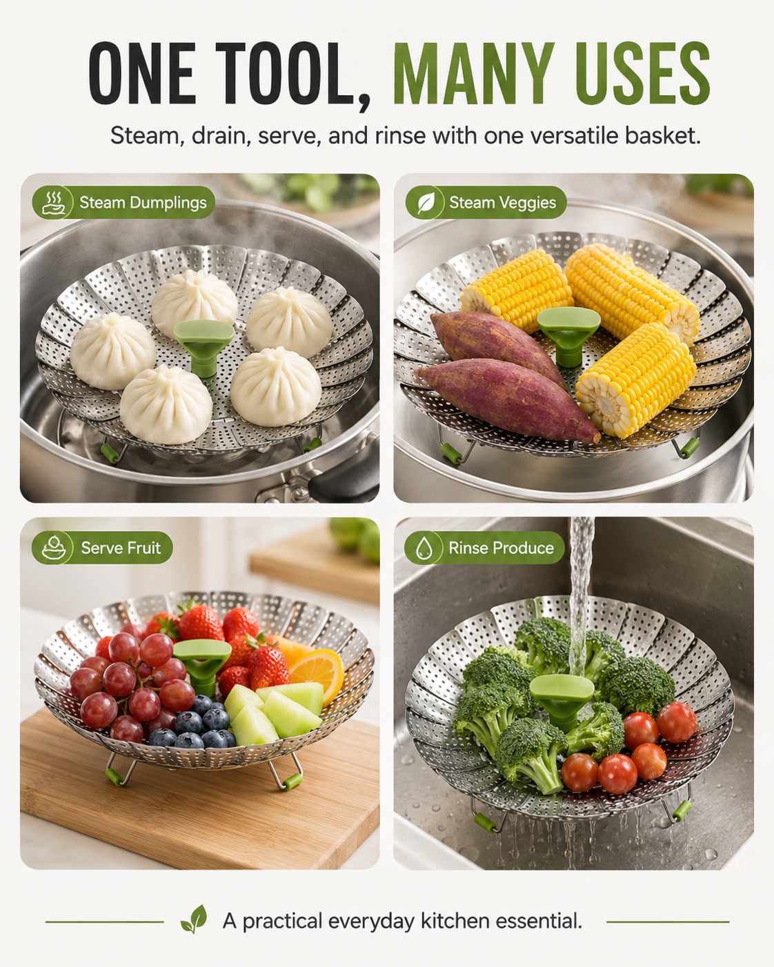 Last Day Sale — Up to 70% OFF | Expandable Stainless Steel Steamer Basket | Foldable Pot Insert