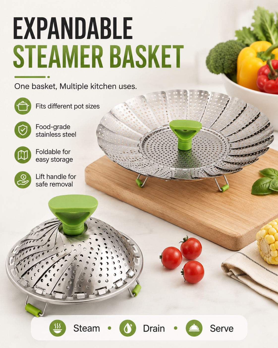 Last Day Sale — Up to 70% OFF | Expandable Stainless Steel Steamer Basket | Foldable Pot Insert