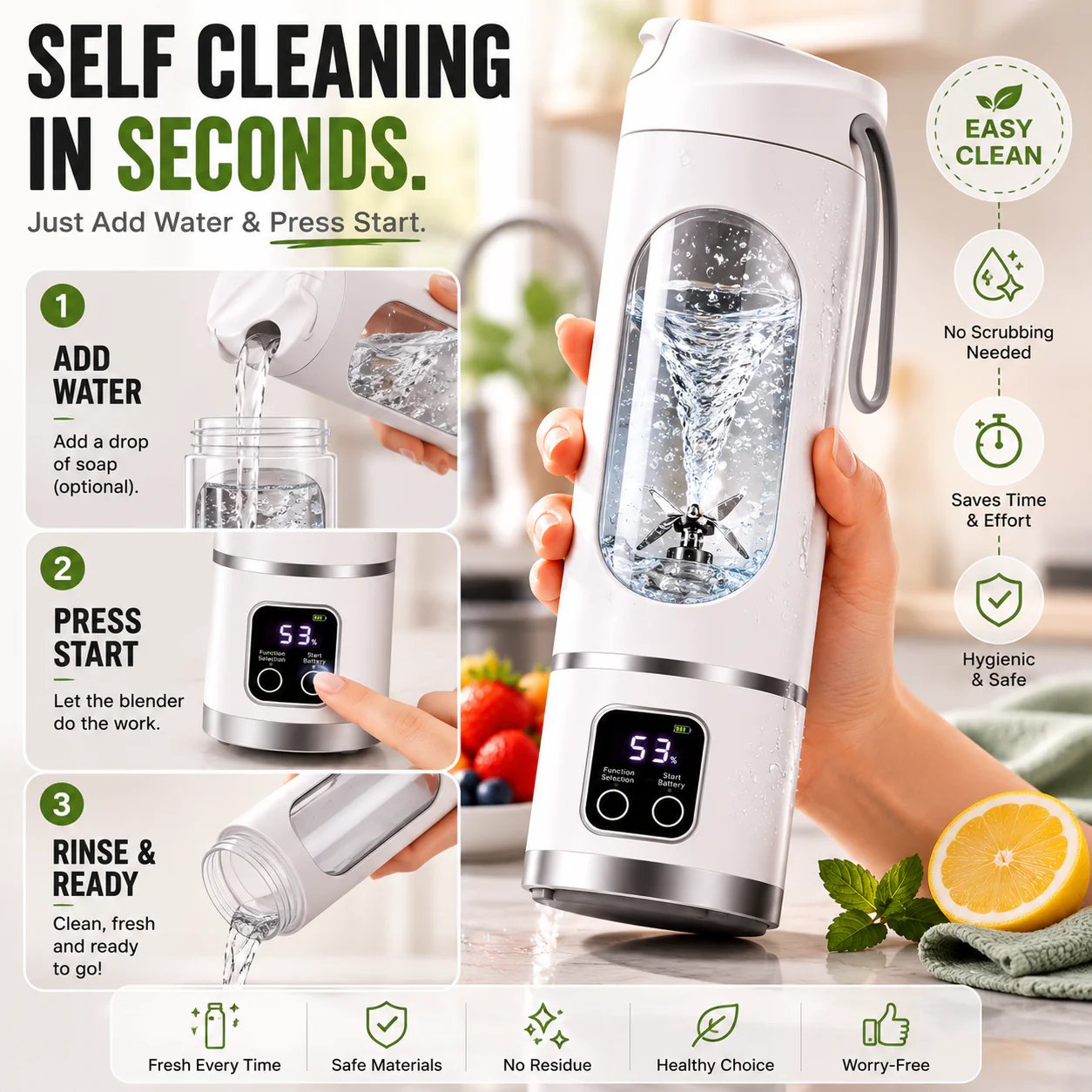 Portable blender self-cleaning process